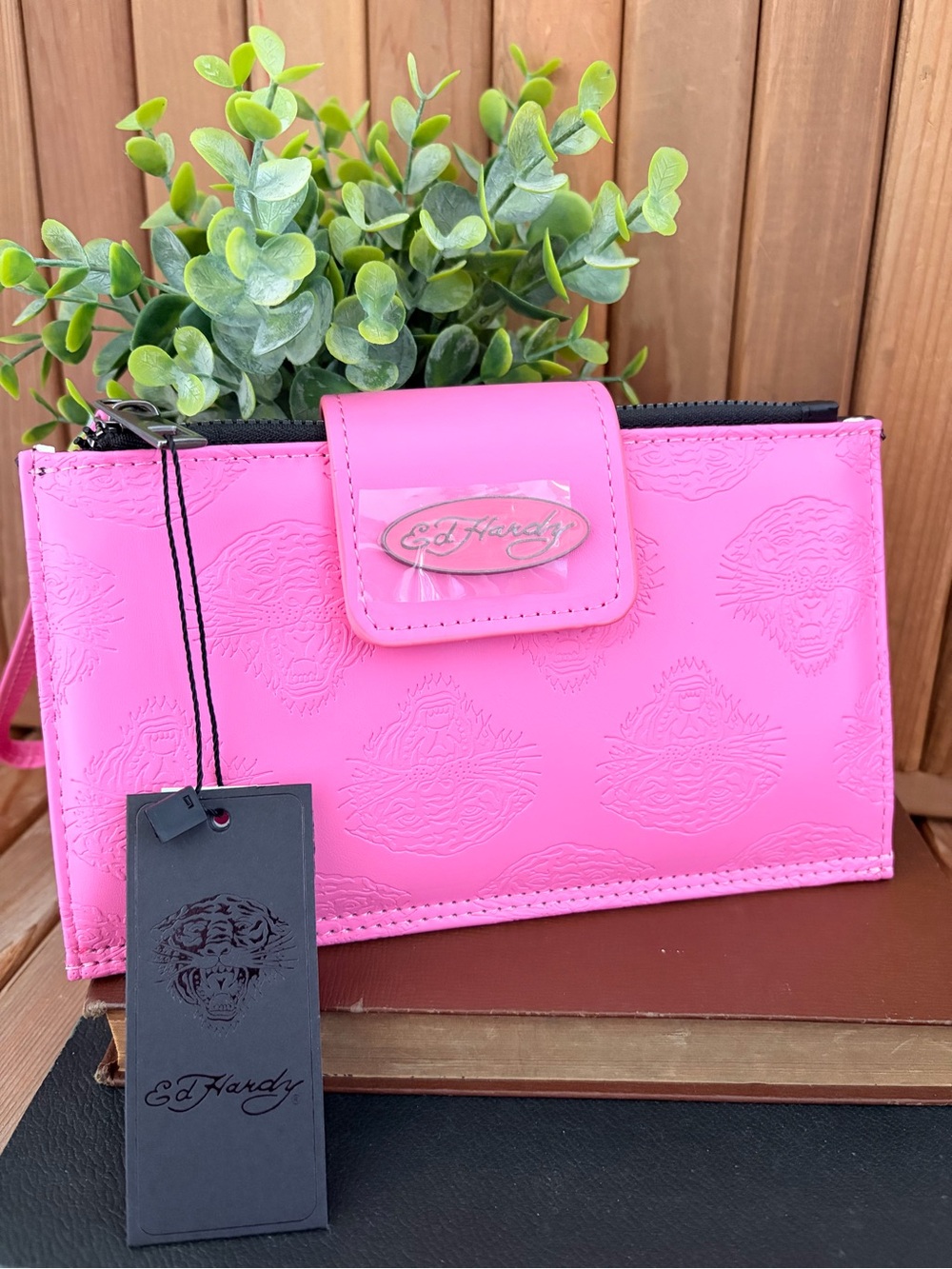 Ed Hardy Hot Pink Tiger Embossed Wallet Wristlet Y2K Goth Punk NWT